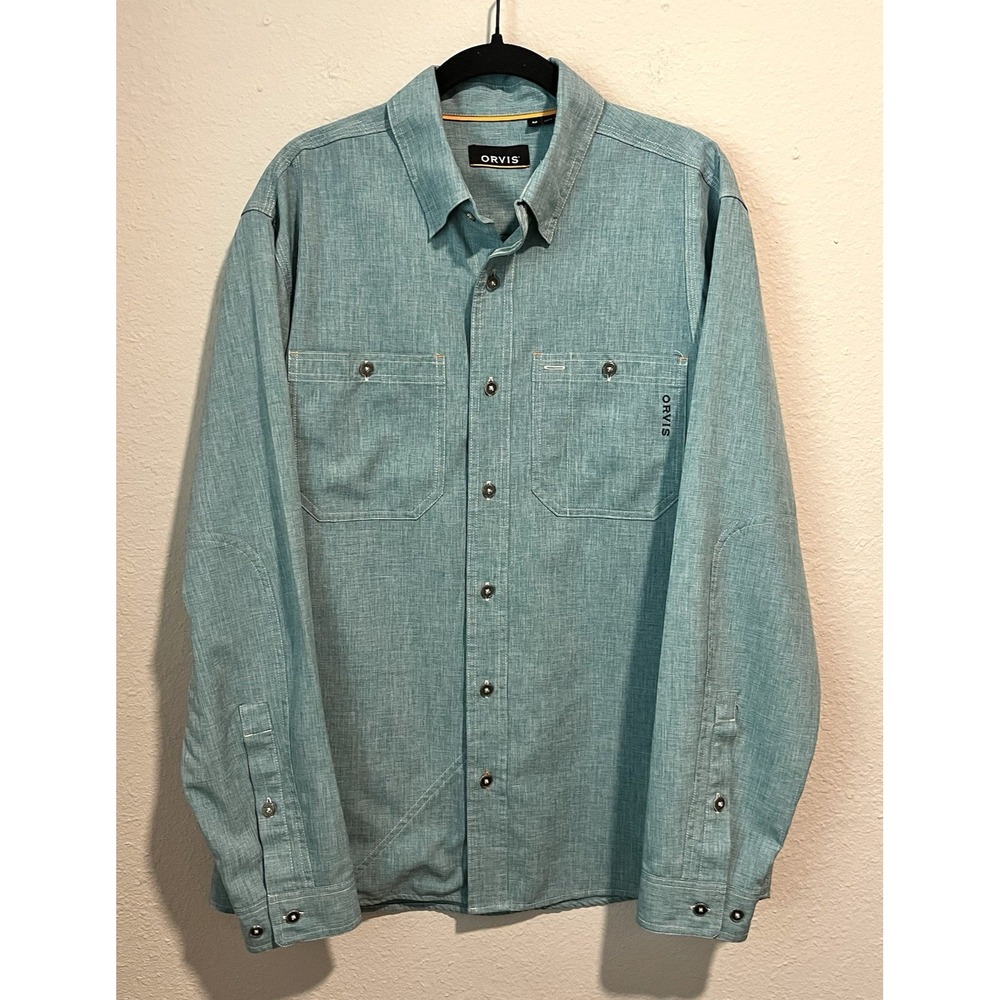 Orvis Shirt Mens Medium Tropic Blue Chambray Long Sleeve Button Up Outdoor